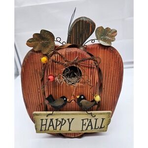 Rustic Pumpkin Birdhouse Happy Fall Decor Two Birds Metal Leaves Accent